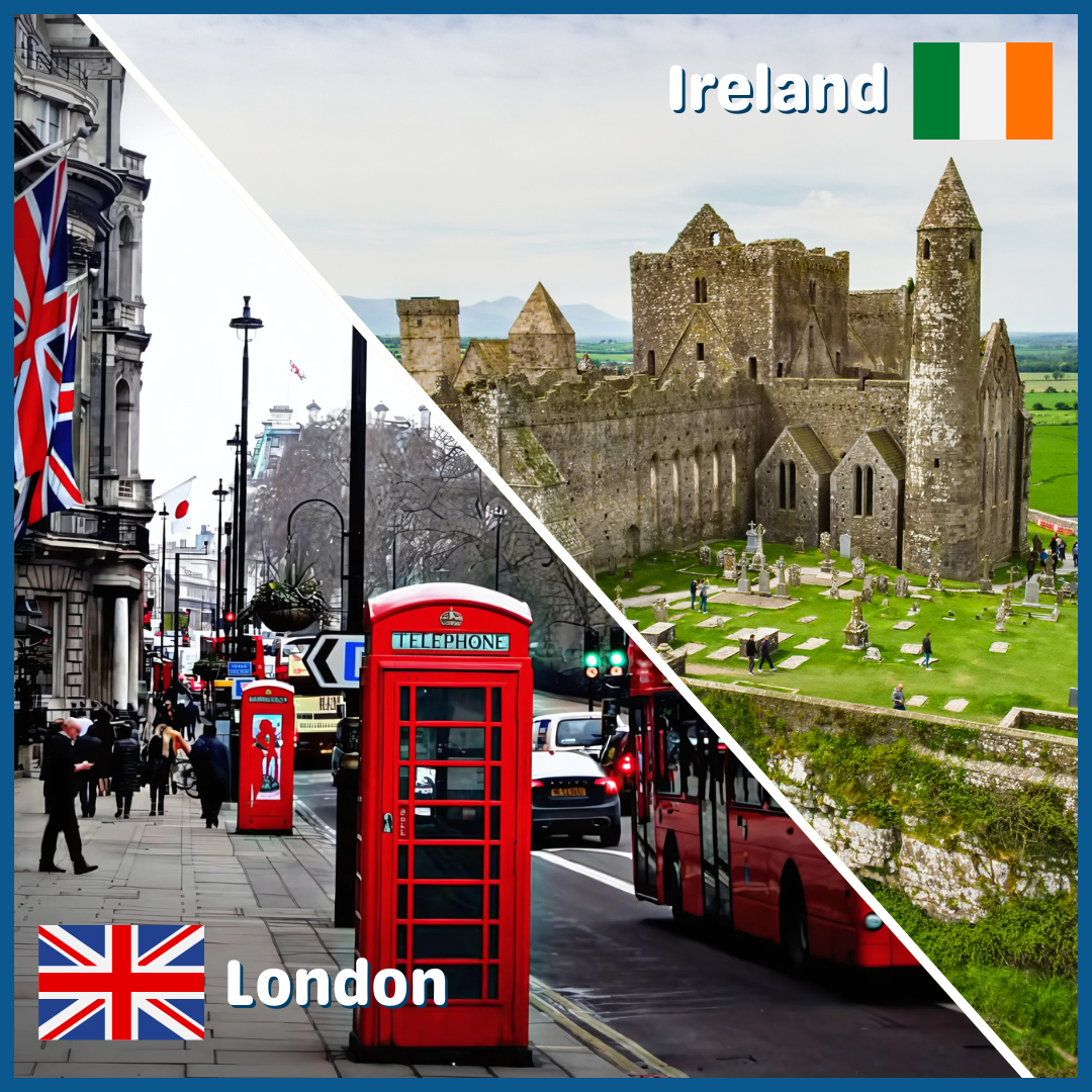Image of an Irish castle and green countryside; image of a bustling London street depicting Union Jacks and red telephone booths.