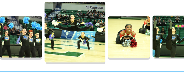 Banner collage of four images showing pompon teams performing at Mid American Pompon's Hip Hop & High Kick Championship.